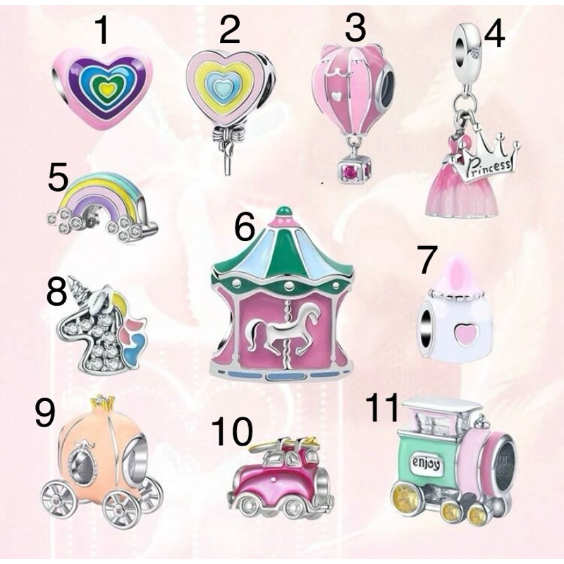 Berloque prata925 princesa unicórnio/brilhante/trem /vestido de princesa/arco-íris/balão de ar quente/garrafas de leite