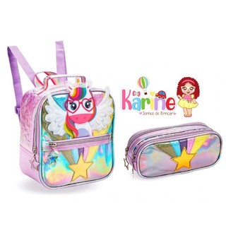 KIT LANCHEIRA TÉRMICA ESCOLAR INFANTIL UNICÓRNIO HOLOGRÁFICO + ESTOJO UNICÓRNIO/ PARA MENINA/ UNICÓRNIO/DENLEX