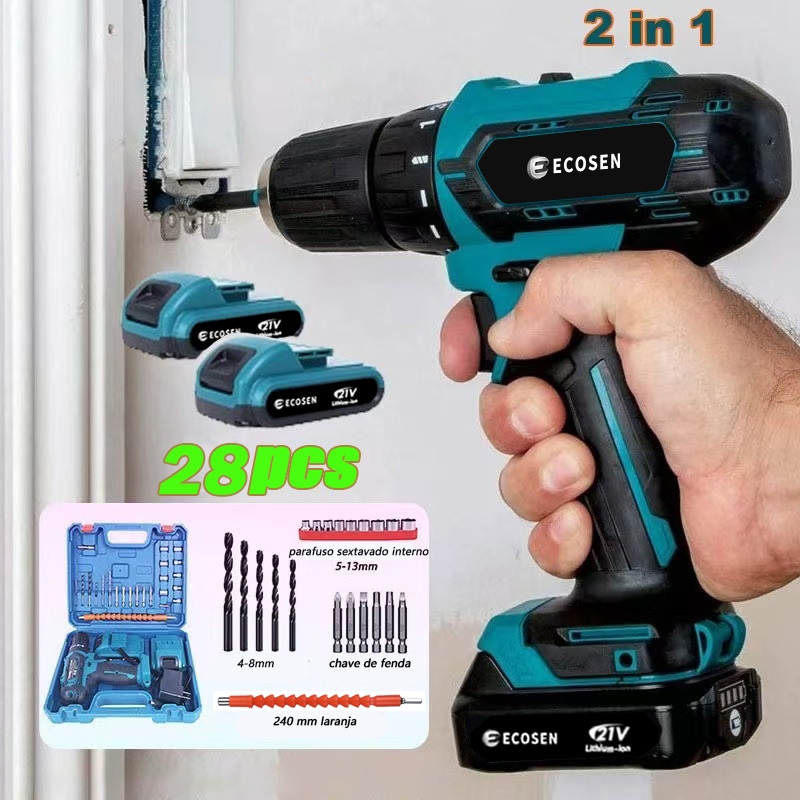 Ecosen Parafusadeira Furadeira à Bateria 21V Kit Maleta COM  2 Baterias