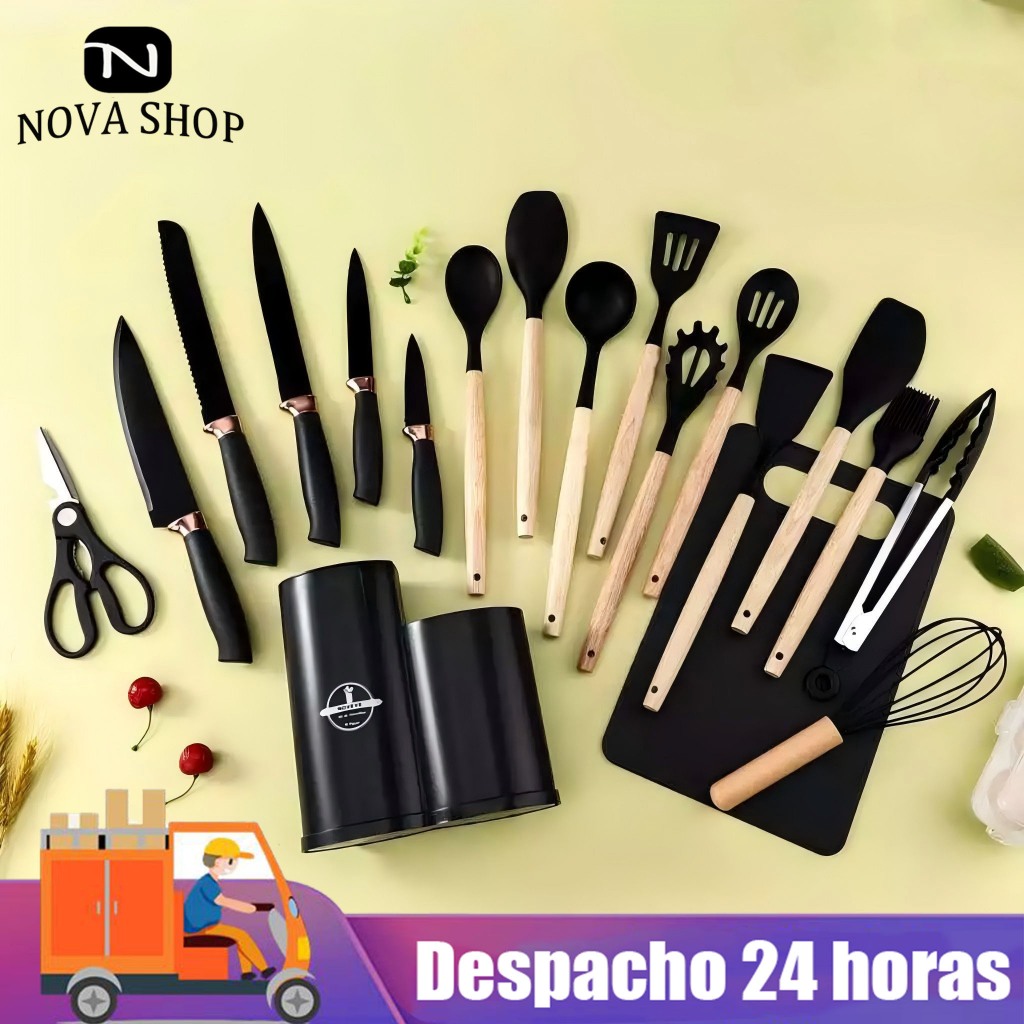 Kit 19 Peças NOVO Completo Jogo Utensílios de Cozinha Luxo Com Tábua em Silicone Espátula Faca Tesoura 2000GR NOVA SHOP