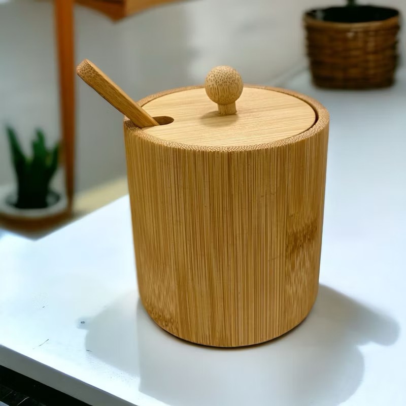 Porta Açúcar Açucareiro ou Saleiro de Bambu ou Porcelana com Colher Mesa Posta Organizador Multiuso em Oferta na Shopee