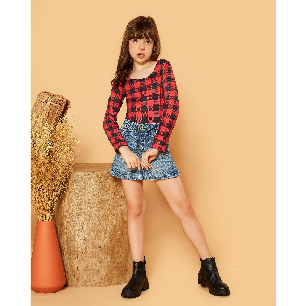 Body Infantil Menina Manga Longa De Frio Country Xadrez Vermelho Festa Junina