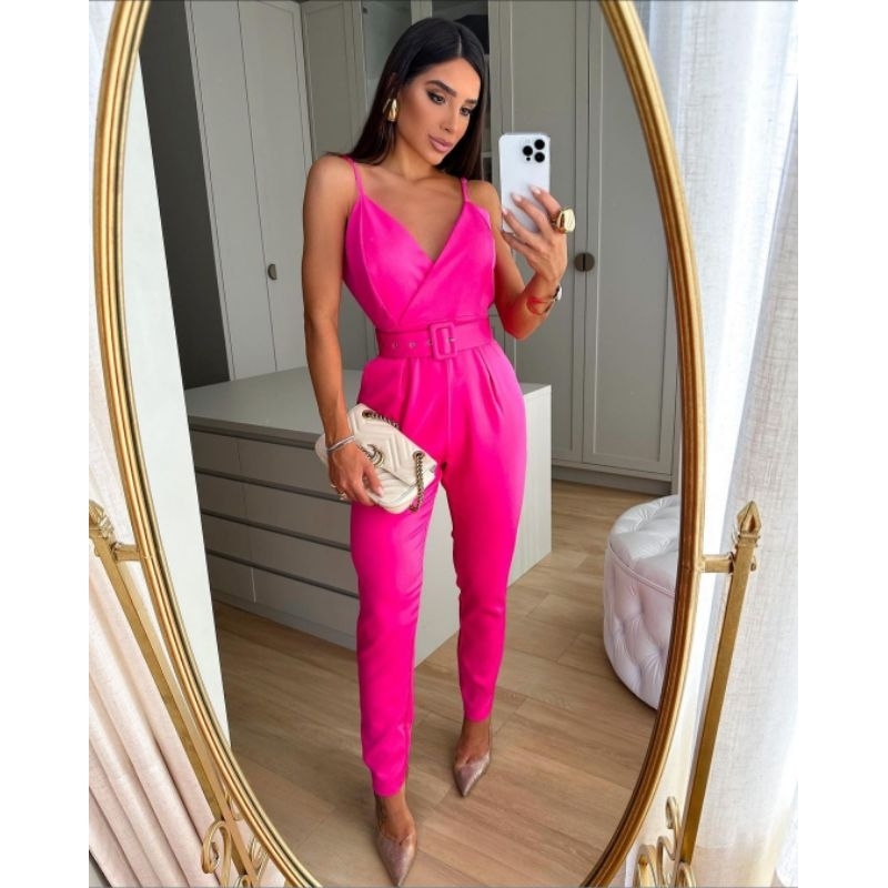 Macacão Longo Feminino Alfaiataria Social Alça Fina Com Cinto Festa Eventos