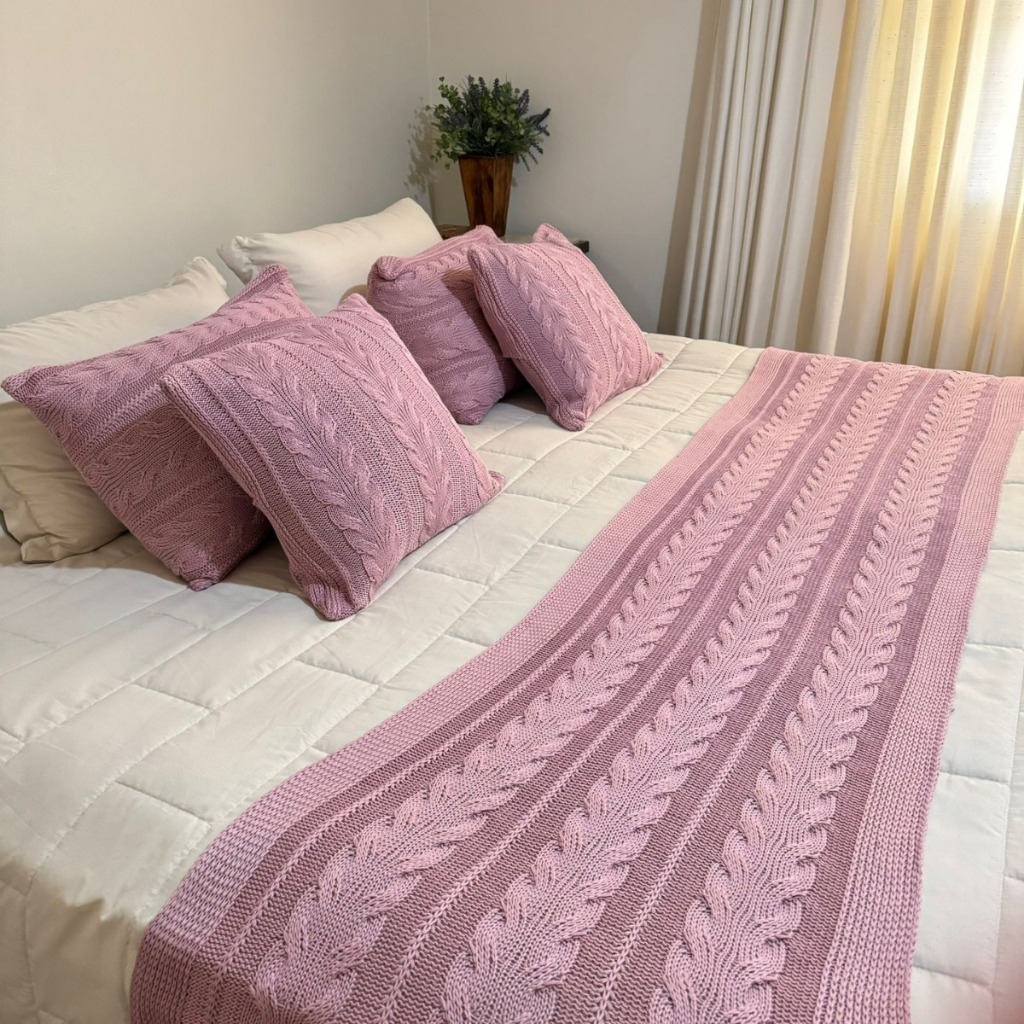 Peseira 230x60cm Manta Trança Tricot Cama Queen Madrid Tricô Trico