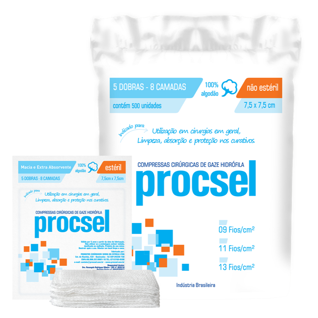 Compressa de Gaze Procsel 13 Fios 100% Algodão – Pacote com 500 Unidades | Alta Absorção e Qualidade Profissional em Oferta na Shopee