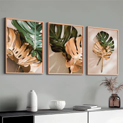 Trio Quadros Decorativos Moldura 50X70 cm Costela de Adão Com Tons Bonze
