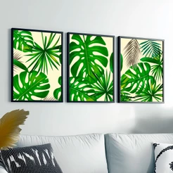Trio Quadro Decorativo Com Moldura Para Sala 40X60 Folhagem Costela de Adão Quarto