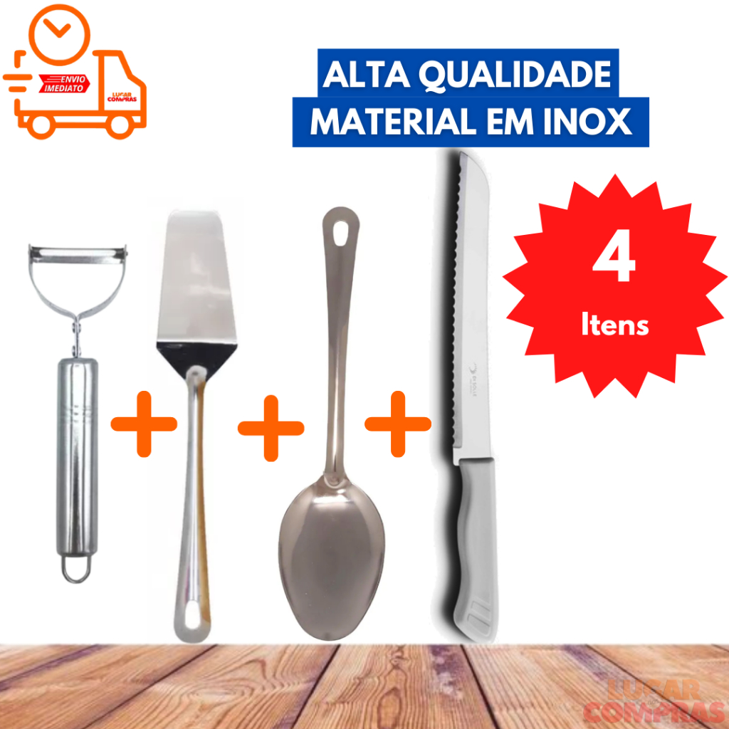 Kit Utensilios de Cozinha Inox Espatula de Bolo Colher de Servir Descascador de Legumes Faca de Pão