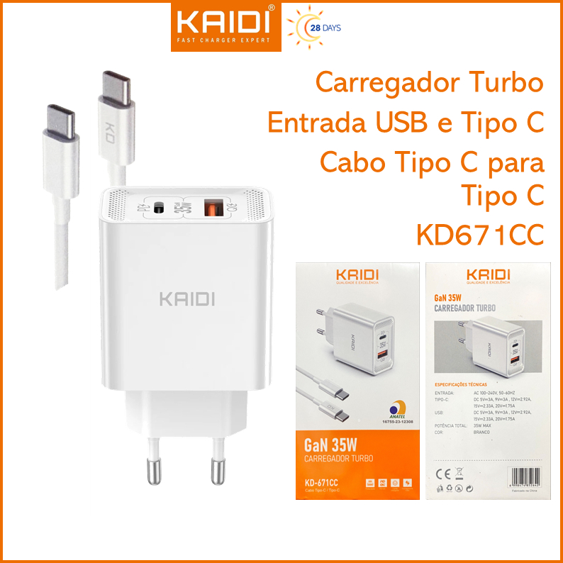 Carregador de Tomada Fonte Turbo 35W entrada dupla Tipo-C e USB com cabo Tipo C para Tipo KAIDI KD-671CC