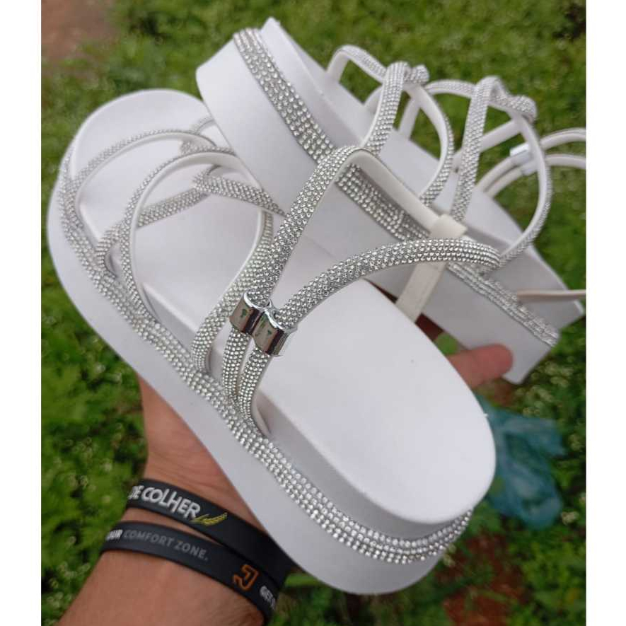Sandália Papete Plataforma Birken Feminina Branco toda com Strass Na Lateral,sola Anatomica ,muita perfeiçao,CONFORTÁVEL