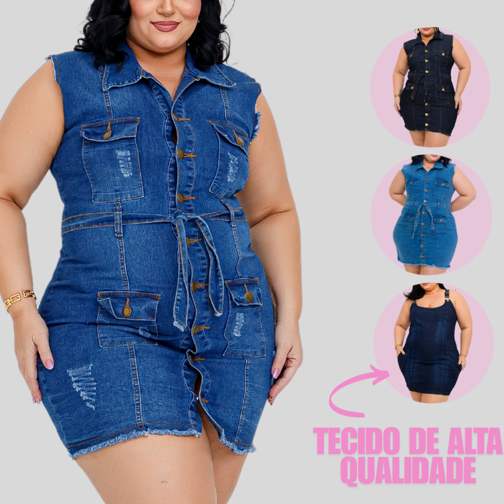 Vestido Jeans Plus SIze Feminino com Elastano Estica em Oferta na Shopee