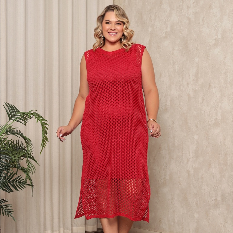 Vestido Longo De Trico Elegante Fenda Tricot Luxo Saída de Praia crochê blogueira plus size