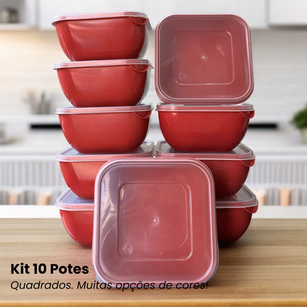 Kit com 10 Potes Caixa Organizadora Quadrado 1 Litro Utilidade Doméstica Marmita Vasilha Colorido