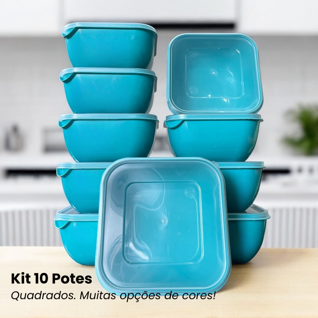 Kit com 10 Potes Caixa Organizadora Quadrado 1 Litro Utilidade Doméstica Marmita Vasilha Colorido