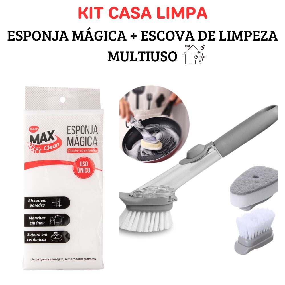 Kit Casa Limpa Esponja Mágica Branca Escova Limpeza Dispenser Multiuso Lava Louça Tira Mancha