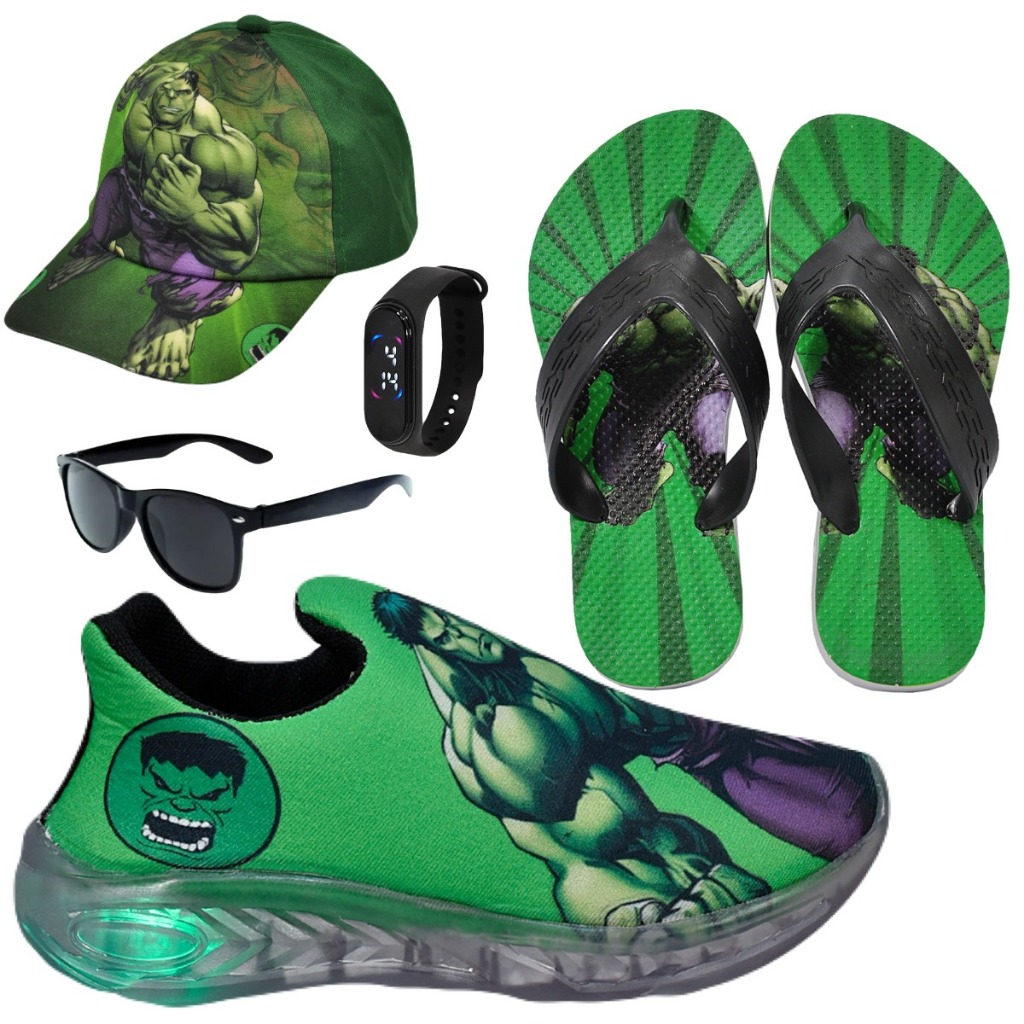 Tênis Led Infantil Masculino Hulk Slip On + Chinelo Boné Relógio Óculos em Oferta na Shopee