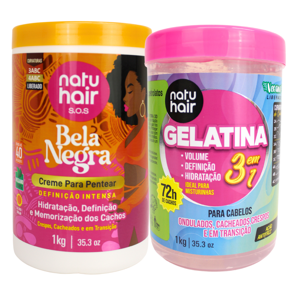 Kit Creme para pentear Bela Negra + Gelatina Modeladora de Cachos 3 em 1 Natuhair 1kg em Oferta na Shopee