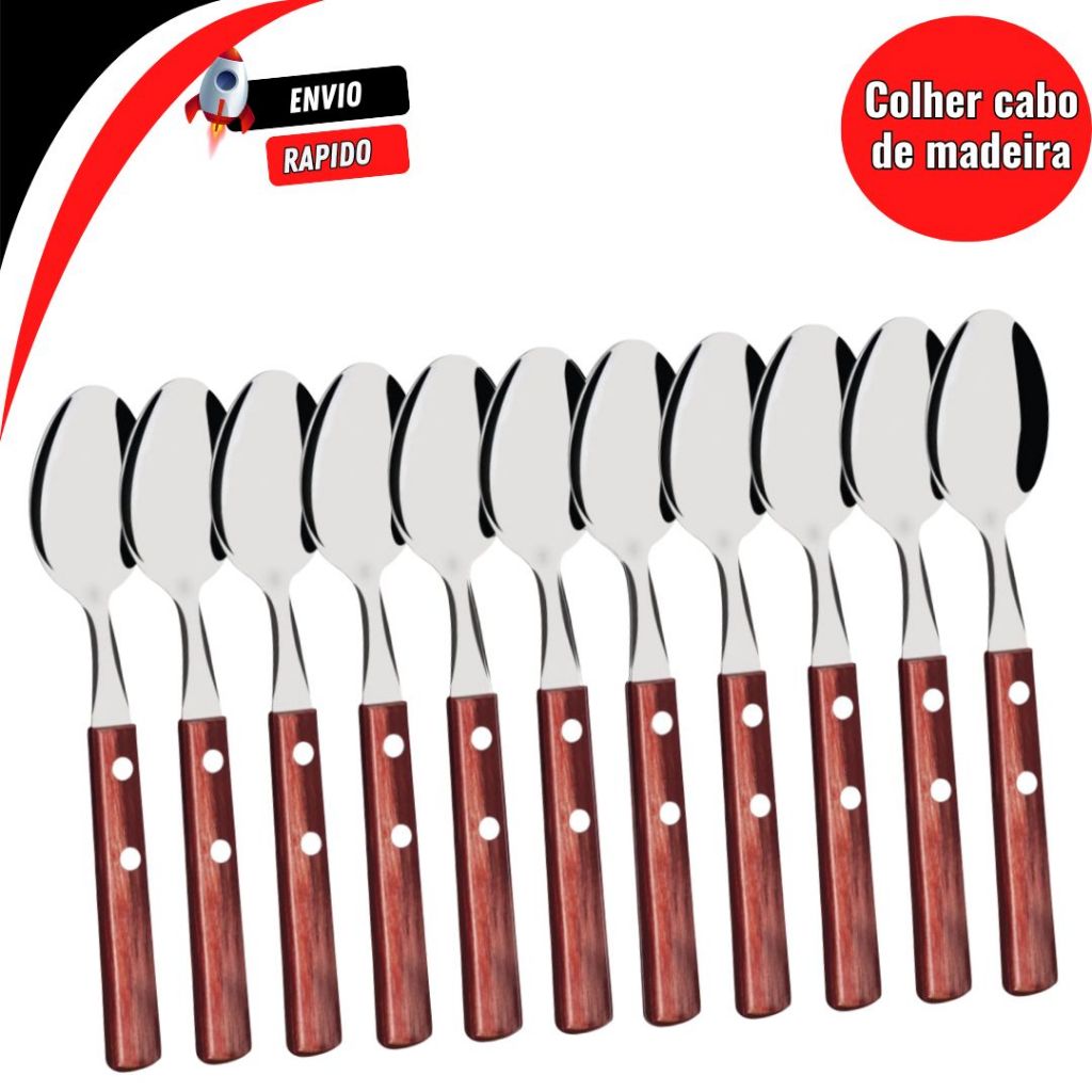 Jogo de Colher de Mesa Sopa Inox com Cabo de Madeira 12 Peças Para Cozinha Restaurante Bar Bares Promoçao