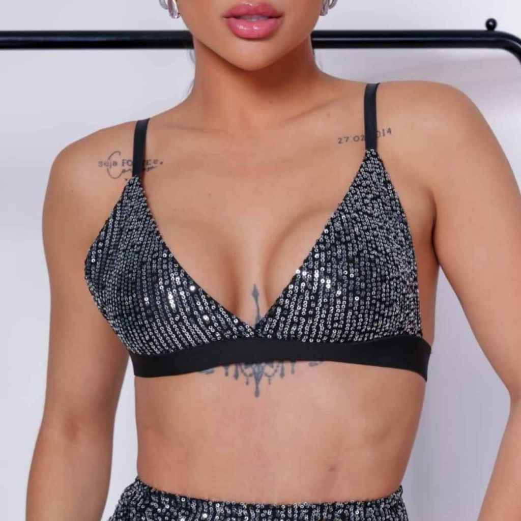 Cropped Feminino Top Com Brilho Moda Reveillon Paetê Branco Sutiã Festa Balada Envio Imediato
