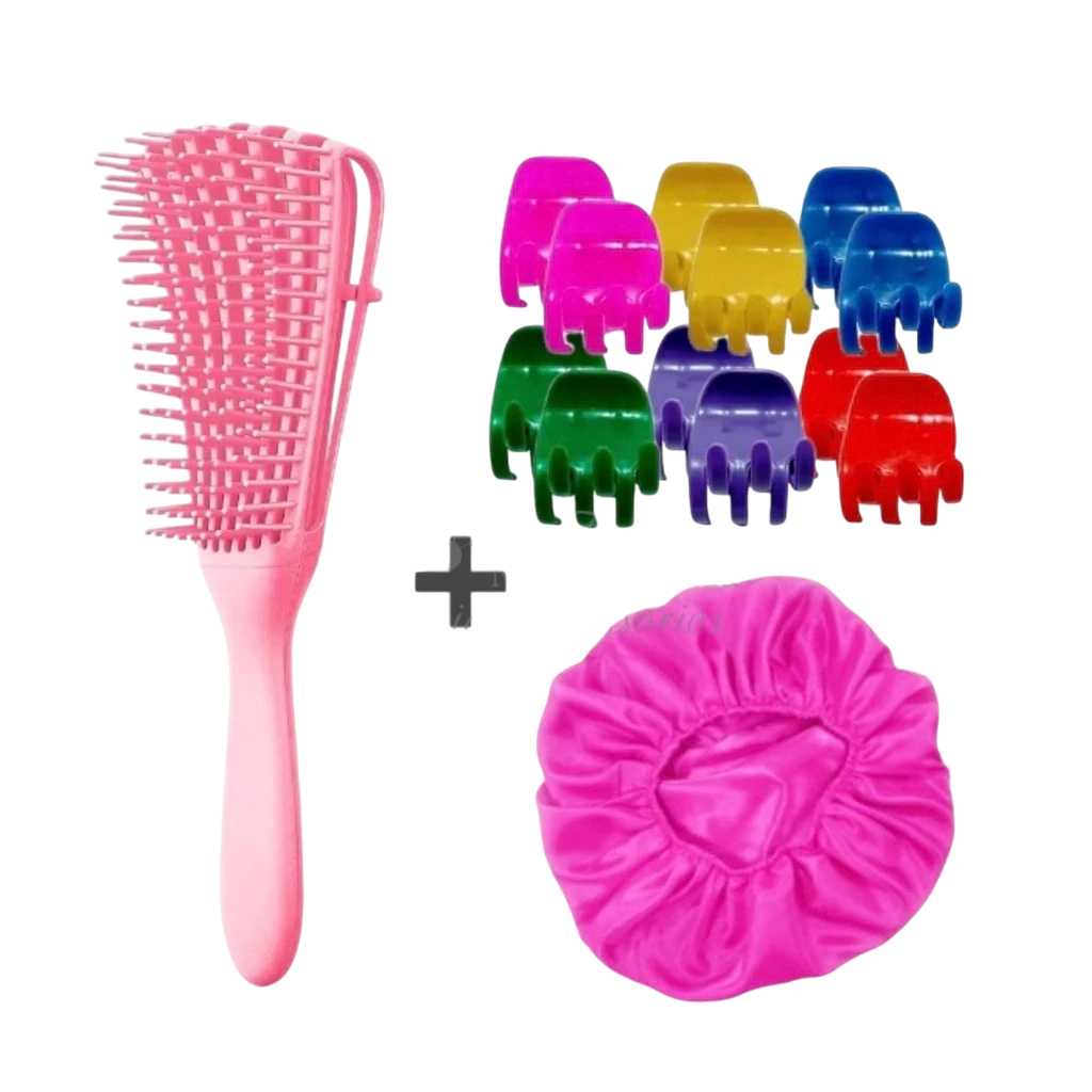 Kit Escova Polvo + Touca de Cetim + 12 Piranhas de Cabelo Média