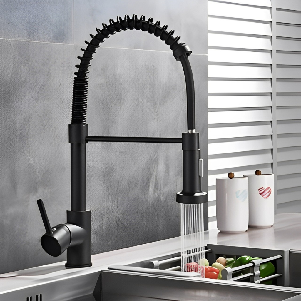 Torneira Cozinha Gourmet de Bancada Monocomando Preta Com Spray Flexível Misturador, Torneira Rotação 360°