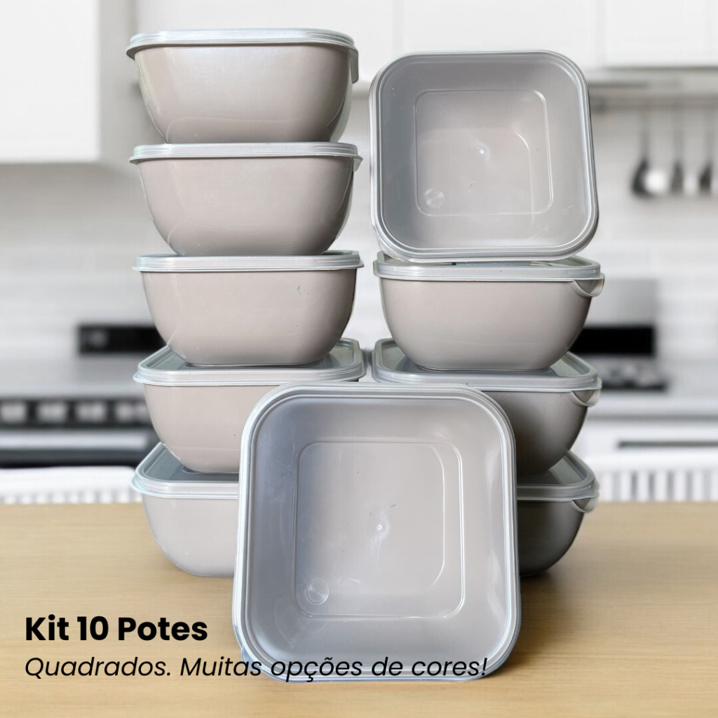 Kit com 10 Potes Caixa Organizadora Quadrado 1 Litro Utilidade Doméstica Marmita Vasilha Colorido