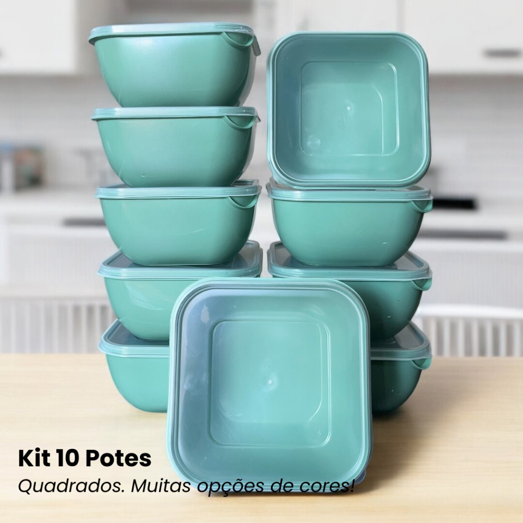 Kit com 10 Potes Caixa Organizadora Quadrado 1 Litro Utilidade Doméstica Marmita Vasilha Colorido
