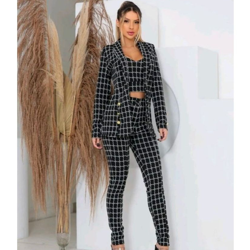 Conjunto 3 Peças Calça Cropped e Casaco Tecido Jacquard Xadres Preto