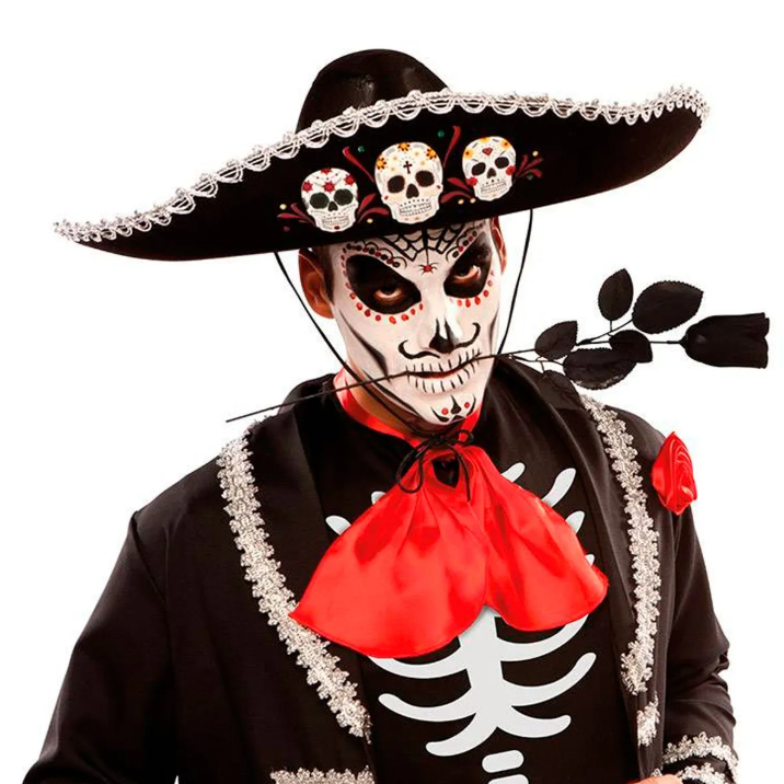 Chapéu Mexicano Sombrero Tequileiro Halloween Festa Mexicana Cor Preto Com Caveira