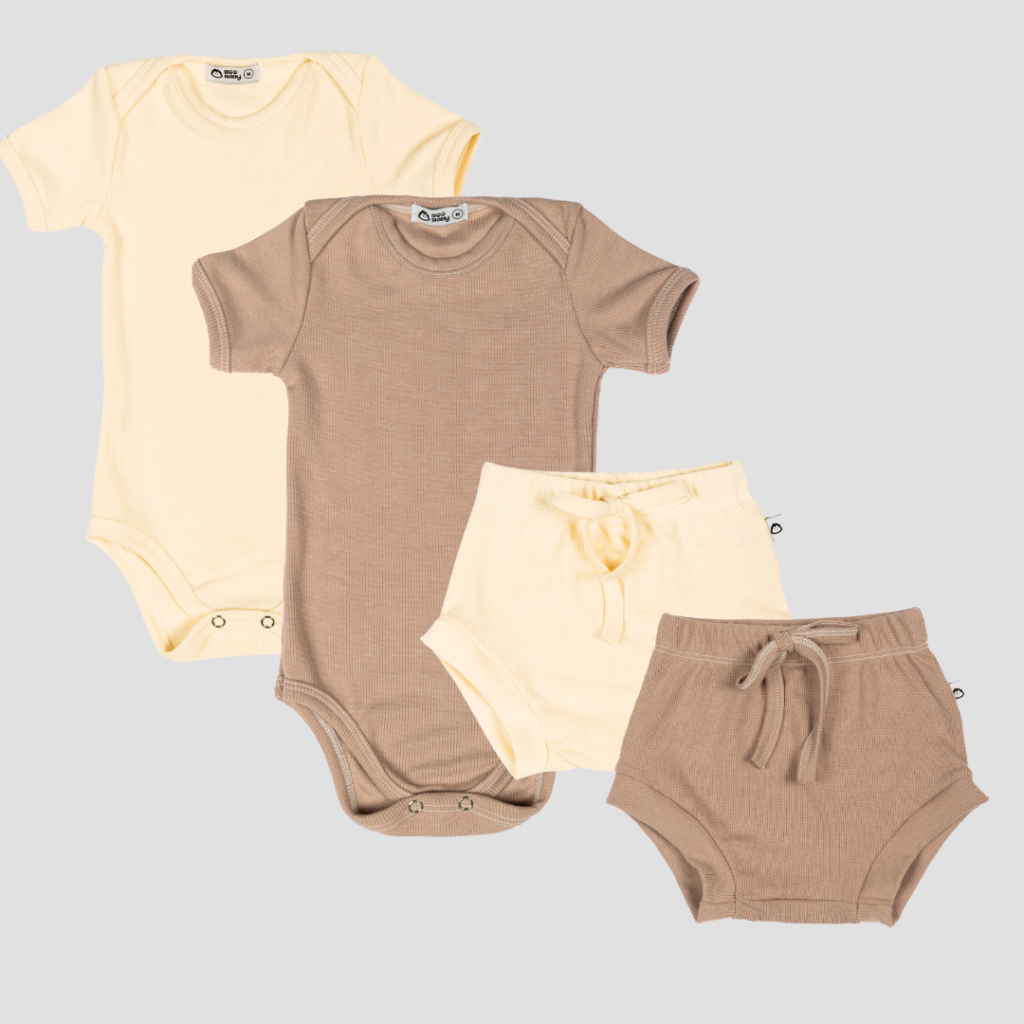 Kit 2 Conjuntos RN ao GG Body Bebê Manga Curta e Short Canelado Ribana Verão Tapa Fralda 05k2