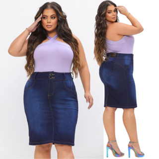 Saia Evangélicas Plus Jeans Moda Maior Feminina Lycra Lindo Modelo Secretária longa em Oferta na Shopee