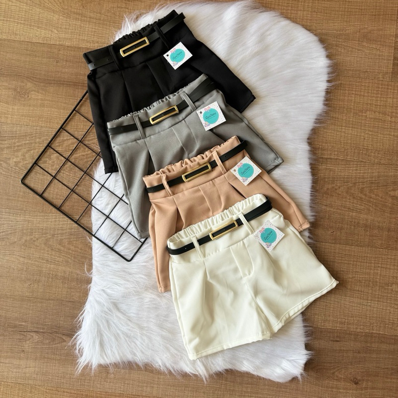 Shorts Infantil alfaiataria com cinto elegante elástico cintura atrás preto cinza bege branco Mini diva blogueirinha