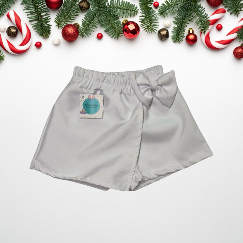 Shorts saia infantil cintura elástico atrás alfaiataria detalhe laço Natal ano novo vermelho branco verde diva blogueira