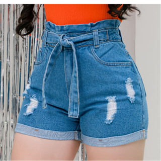Short Jeans Bermuda Feminino Luxo Cintura Alta Destroyed Lançamento Hot Pants Modela Bumbum Barra Desfiada Promoção