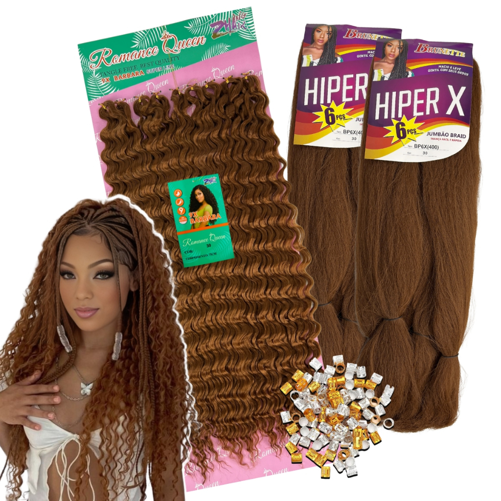 Kit Tranças Gypsy 2 Jumbo Super Hiper X + Cacho Orgânico Barbara Crochet 75 cm