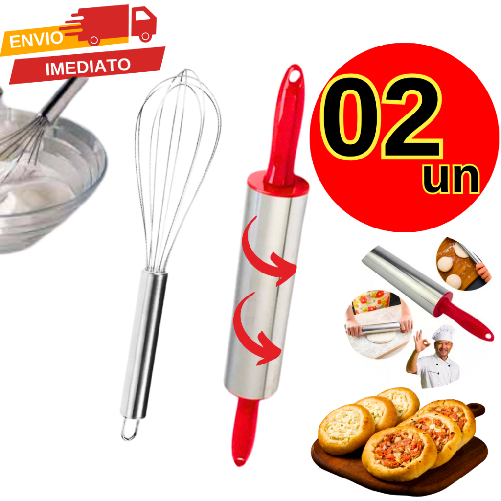 Kit Batedor Fue Inox + Rolo de Massa Perfeito em Mistura e Esticar a Massa para Pizzaria Restaurante