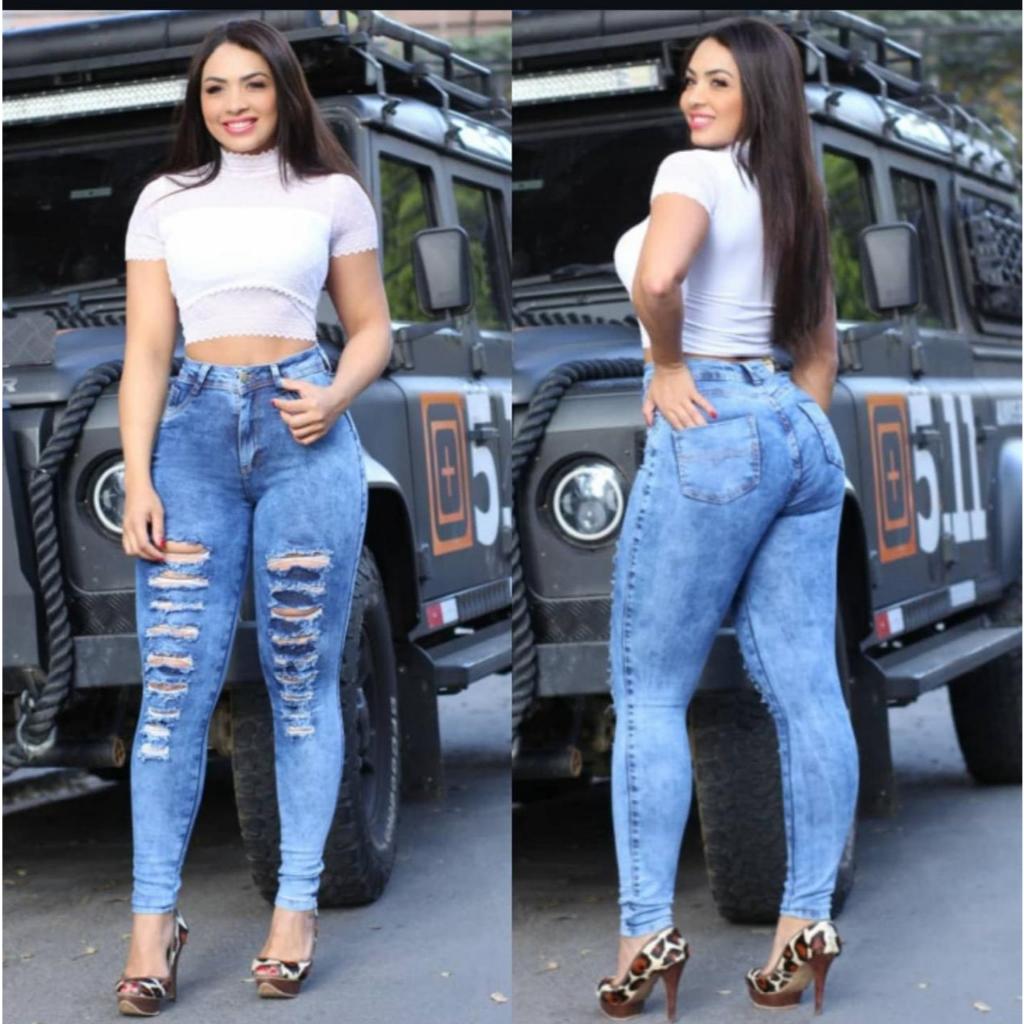 Feminina Calca jeans com Lycra Skinny cintura alta levanta em Oferta na Shopee