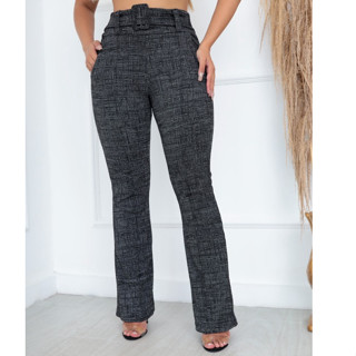 calça flare social bailarina jacquard linho com cinto fixo com bastante elastano, cintura alta em Oferta na Shopee