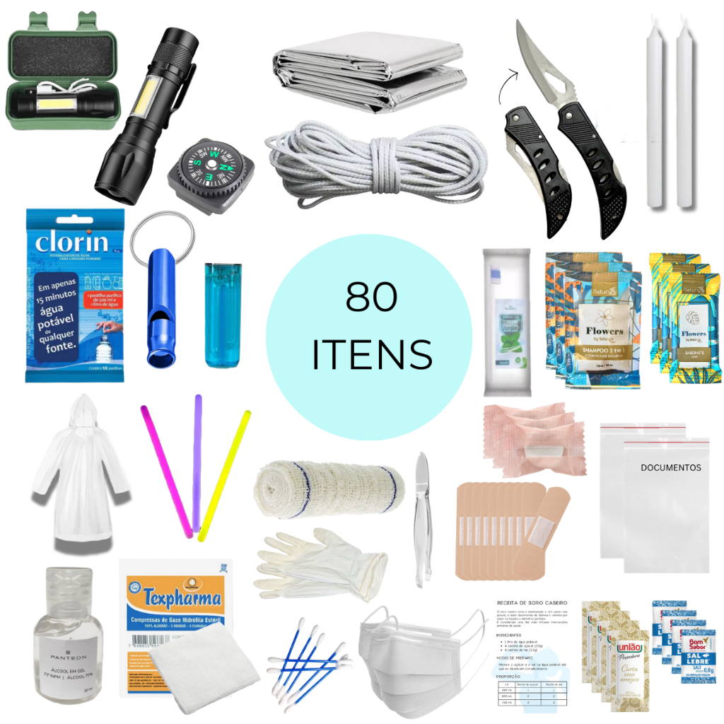 Kit Sobrevivência 80 itens Emergência Primeiros Socorros Acampamento Tático Militar Aventura Trilha