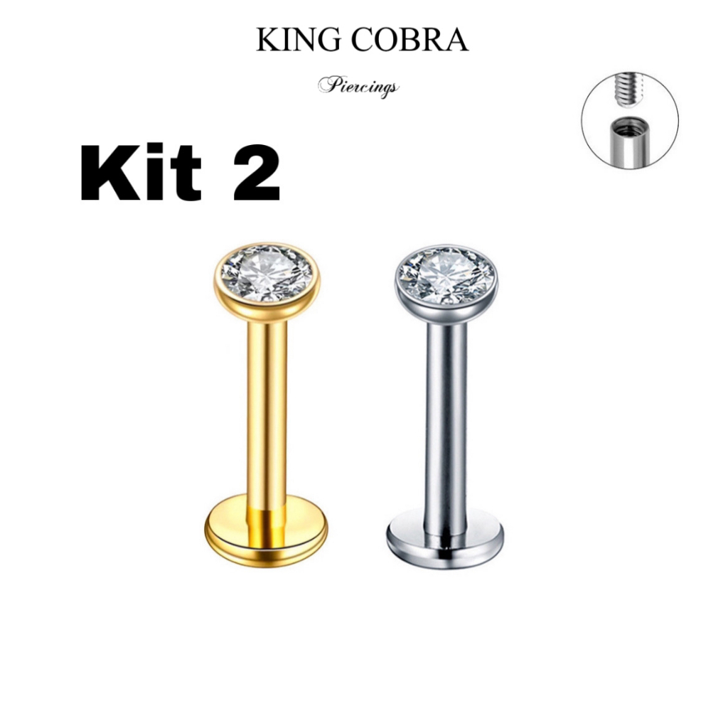 Kit 2 Piercing Labret Aço Cirúrgico Zircônia Rosca Interna | Helix, Tragus, Conch, Nariz, Boca-Medusa e Outros KA117