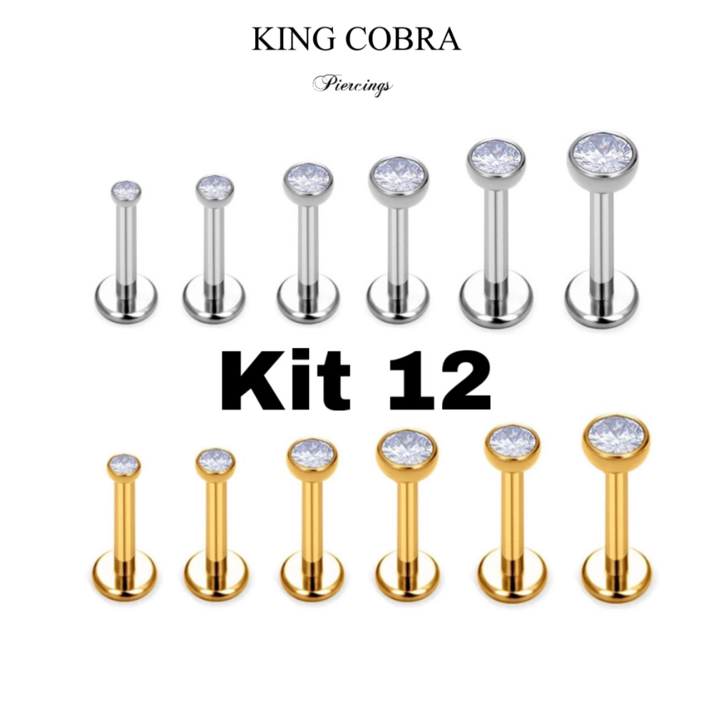 Kit 12 Piercing Labret Aço Cirúrgico Zircônia Rosca Interna | Helix, Tragus, Conch, Nariz, Boca-Medusa e Outros KA117