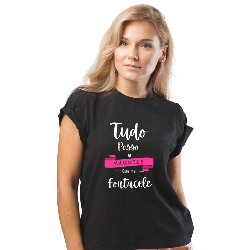 Camiseta Frases Biblicas tudo Posso Naquele que Me Fortalece Blusa 100% Algodão Babylook