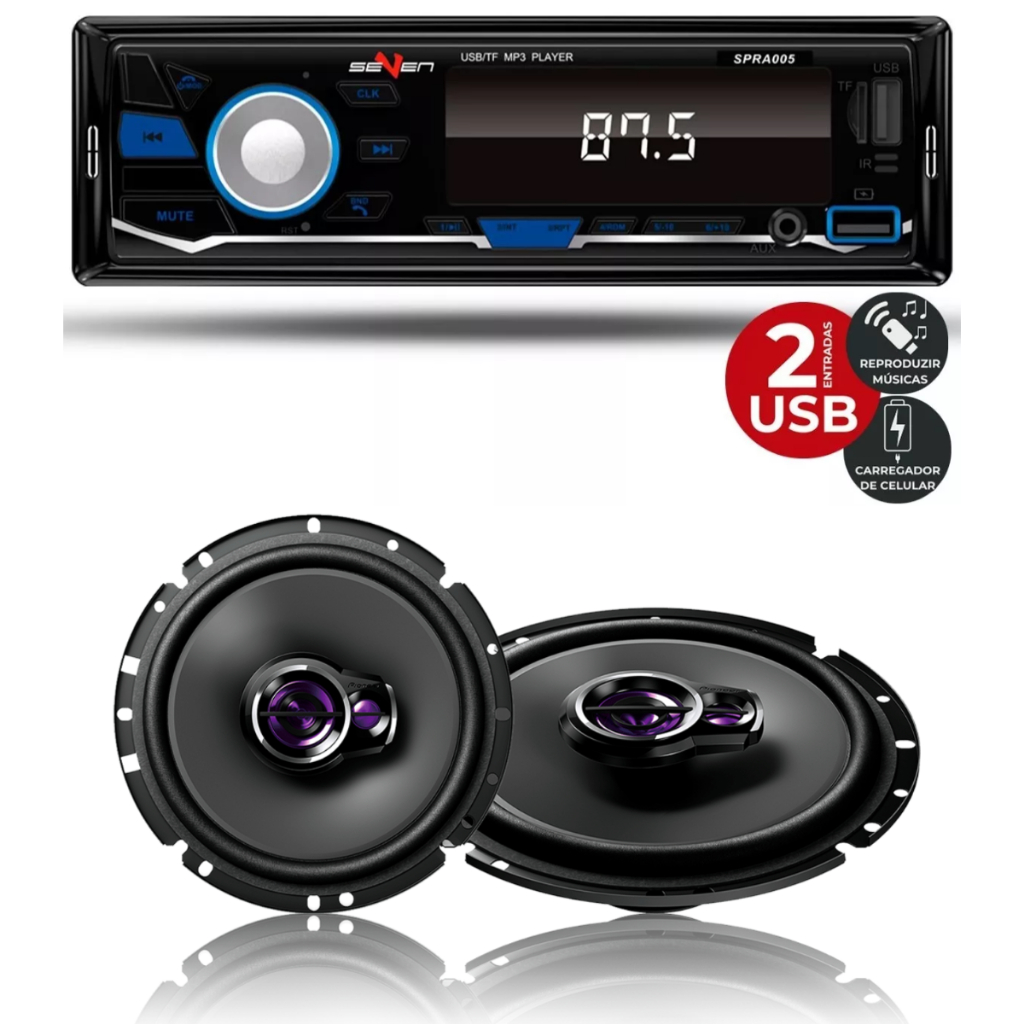 Kit Som MP3 automotivo com USB Bluetooth e SD + Par Alto Falante 6" Pioneer 100w