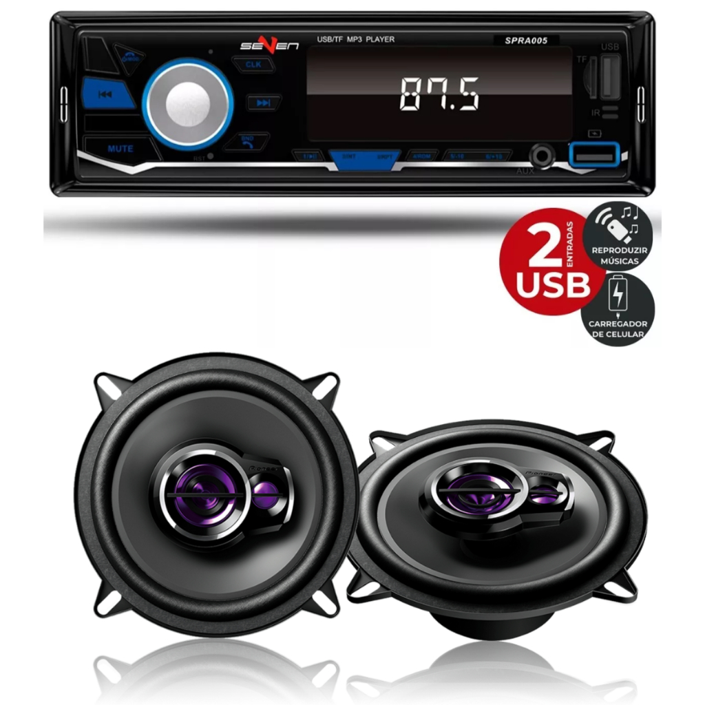 Kit Som MP3 automotivo com USB Bluetooth e SD + Par Alto Falante 5" Pioneer 100w