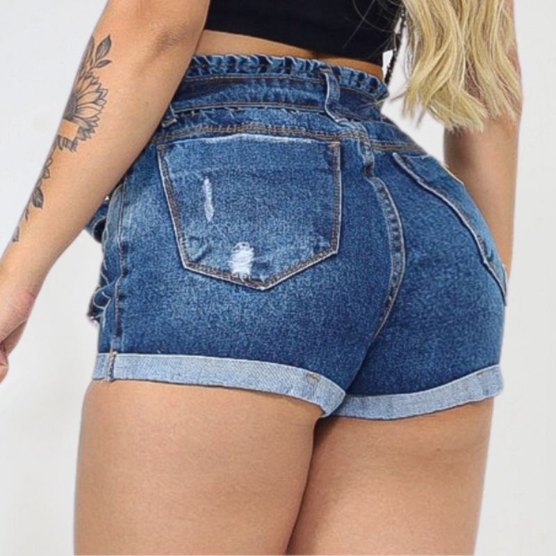 short jeans feminino preto e branco colorido com cinto cós cintura alta versátil jeans Premium