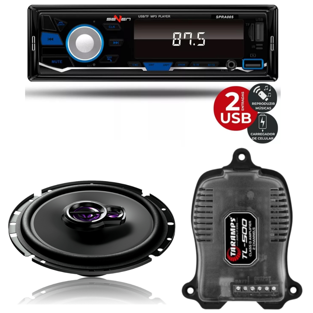 Kit Som MP3 automotivo com USB Bluetooth e SD + Módulos Taramps TL500 + Par Alto Falante 6" Pioneer 100w