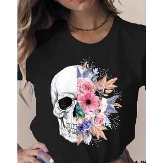 Camiseta Feminina Diversas Estampas Caveira Flores Borboletas T-shirt ou Oversized 100% Algodão