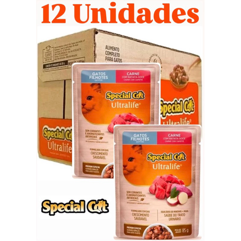 12 unidades Sache alimento úmido gatos Premium super saudável special cat original Carne Filhote
