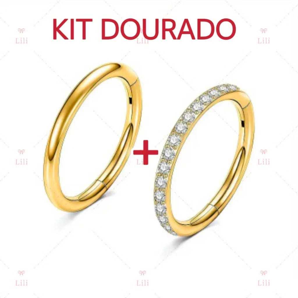 Kit 2 Piercing Dourado Argola Click ( lisa +  Zircônia ) de Aco cirugico , Piercing corporal unissex em Oferta na Shopee