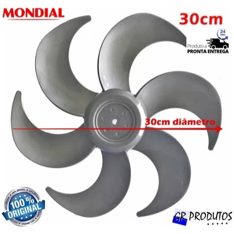 Hélice Mondial Ventilador 30cm 30 Maxi Power VT 31 6 Pás Prata Original EIXO Meia Lua 8mm